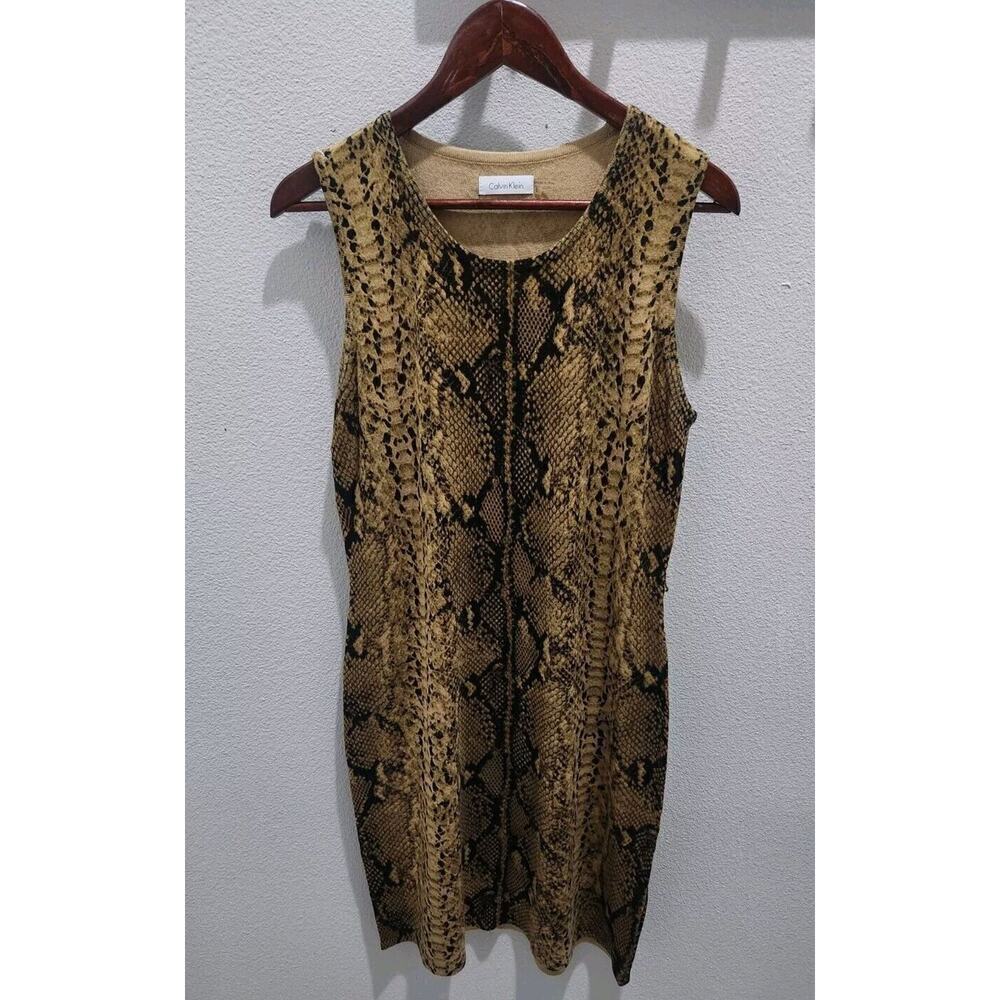 Calvin Klein Snakeskin Snake Print Stretch Sleeveless Midi Knit Sheath Dress L - Picture 2 of 6